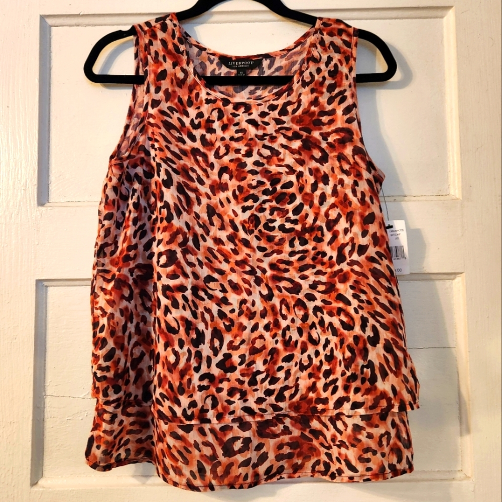 Liverpool Top, Double Layer Sleeveless Tank Brown Orange Leopard print Sz XS NWT